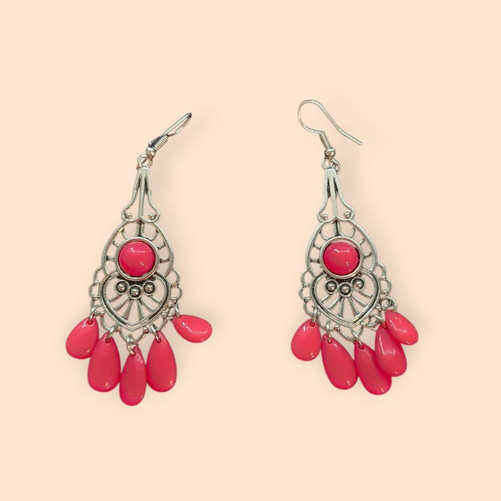 Silver Filigree Chandelier Earrings with Red Teardrop Beads